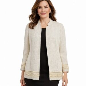 CHICO'S Size 3/XL Cream Textured Gold Embellished Beaded Trim Open Jacket NWT